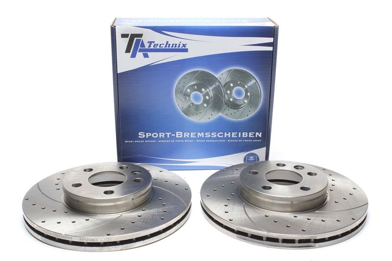 TA Technix Sport Bremsscheiben Satz Vorderachse gelocht + geschlitzt + innenbelüftet für Ford/Seat/VW Galaxy/Alhambra/Sharan/Transporter IV