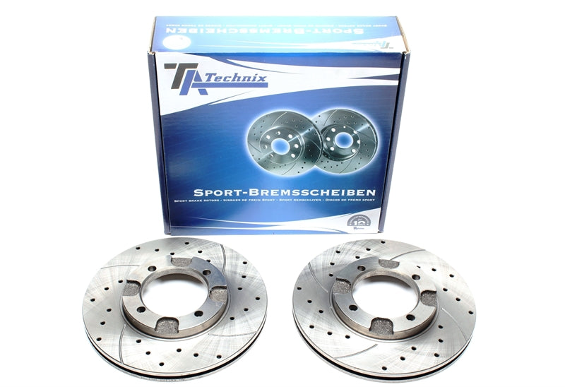 TA Technix Sport Bremsscheiben Satz Vorderachse gelocht + geschlitzt + innenbelüftet für Mitsubishi Cordia / Colt I-III / Galant III / Lancer II+III / Lancer III SW / Lancer IV / Space Wagon / Tredia