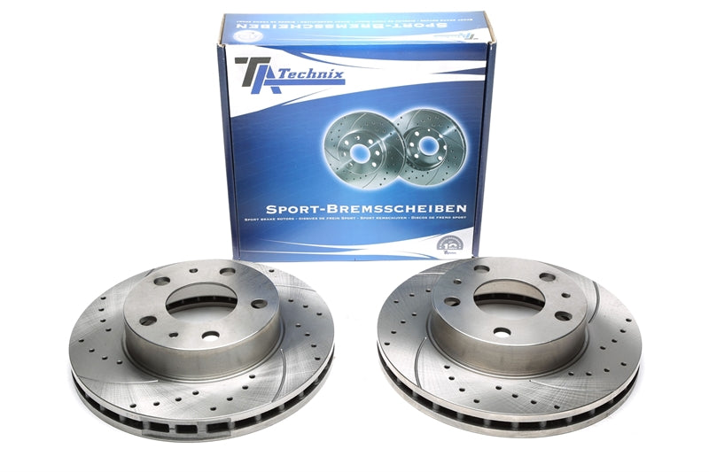 TA Technix Sport Bremsscheiben Satz Vorderachse gelocht + geschlitzt + innenbelüftet für Citroën / Fiat / Peugeot Jumper Bus/Kasten/Pritsche / Ducato Bus/Kasten/Pritsche / Boxer Bus/Kasten/Pritsche
