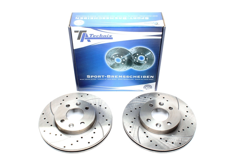 TA Technix Sport Bremsscheiben Satz Vorderachse gelocht + geschlitzt + innenbelüftet für Renault Laguna I / Laguna I Grandtour/ Megane I Coach / Megane I Cabriolet / Megane I / Megane Scenic / Safrane I