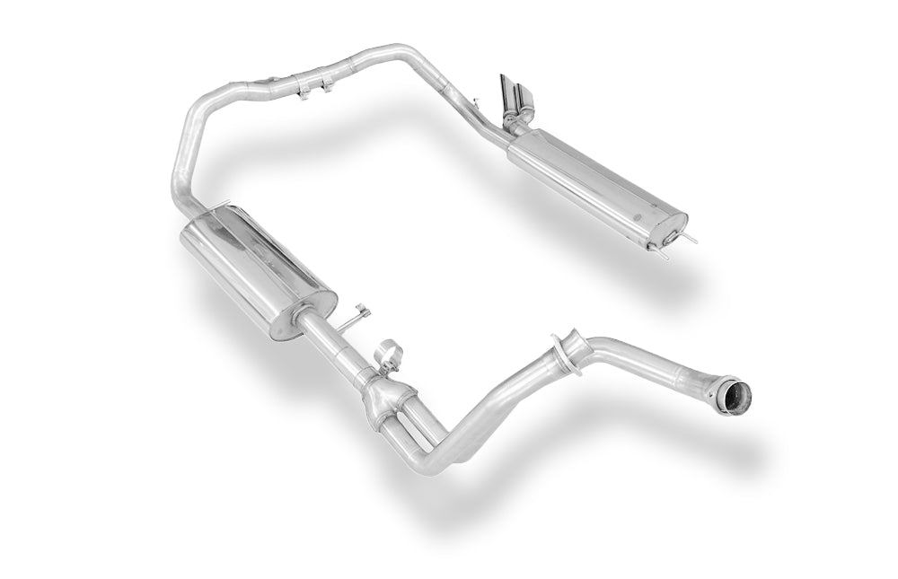 Fox passend für Mercedes G-Klasse 463 - 300 GD Komplettanlage bestehend aus Krümmerrohr, Vorschalldämpfer und Endschalldämpfer inklusive Montagematerial - Endrohre 2x63mm Typ 14 - Für Modelle mit kurzen Radstand und ohne Trittbrett.