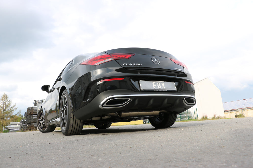 Fox passend fürMercedes CLA 220/250 Frontantrieb & 4matic  - 118 Endschalldämpfer quer Ausgang rechts/links - Ausgang der Endrohre hinter der Stoßstange