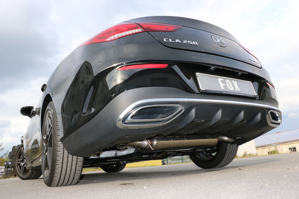 Fox passend fürMercedes CLA 220/250 Frontantrieb & 4matic  - 118 Endschalldämpfer quer Ausgang rechts/links - Ausgang der Endrohre hinter der Stoßstange