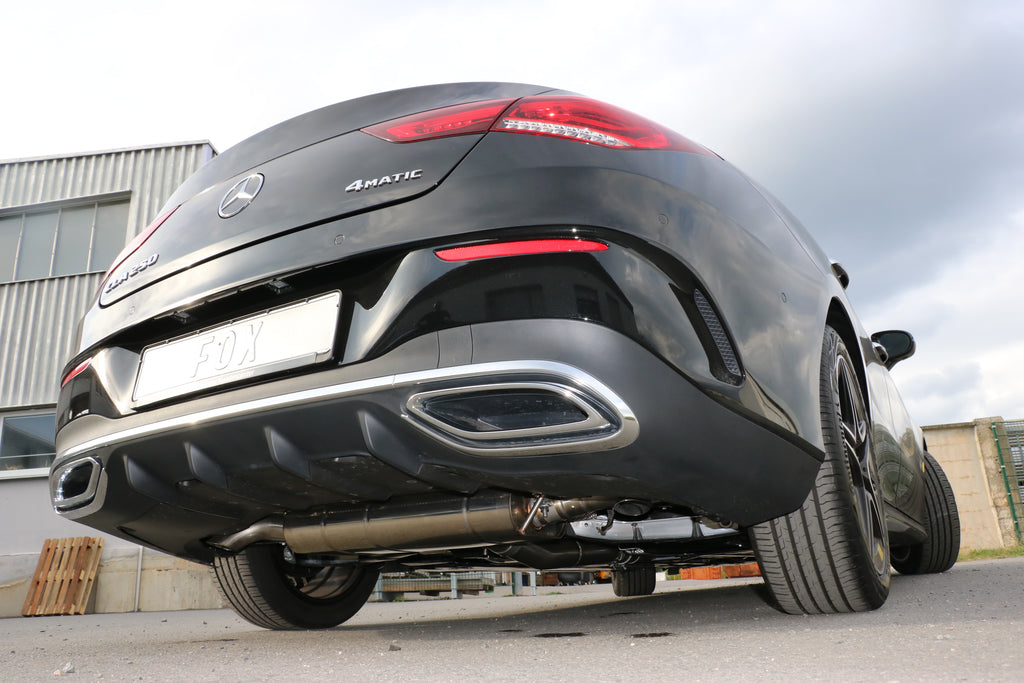 Fox passend fürMercedes CLA 220/250 Frontantrieb & 4matic  - 118 Endschalldämpfer quer Ausgang rechts/links - Ausgang der Endrohre hinter der Stoßstange