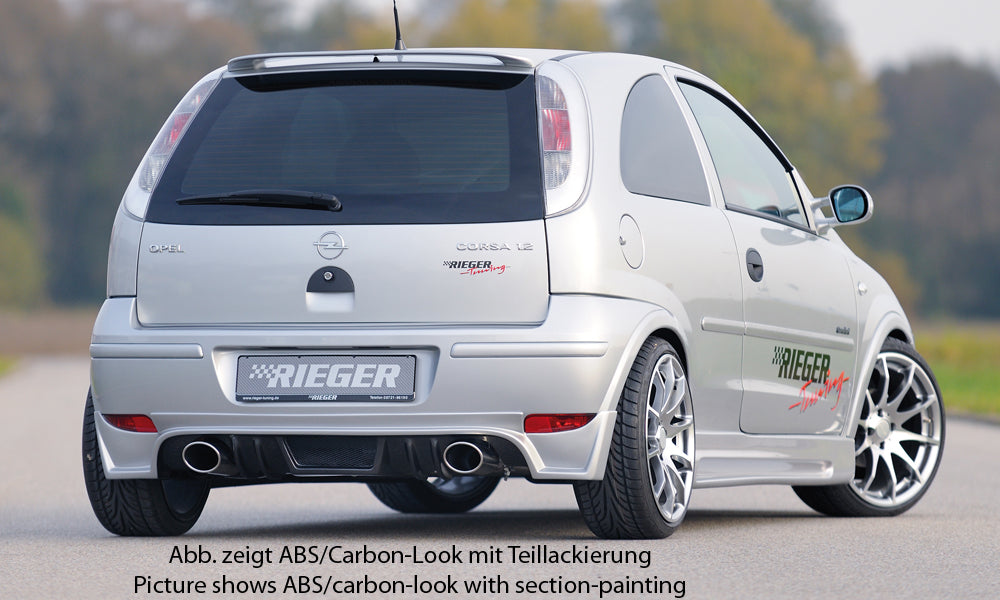 Fox passend für Opel Corsa C: 06.03- (ab Facelift) | 3-tür., 5-tür. Rieger Heckschürze für Facelift Modelle - für Endrohr li. u. re., ABS, Carbon-Look,inkl. ABE, Alugitter, Montagezubehör, Gutachten