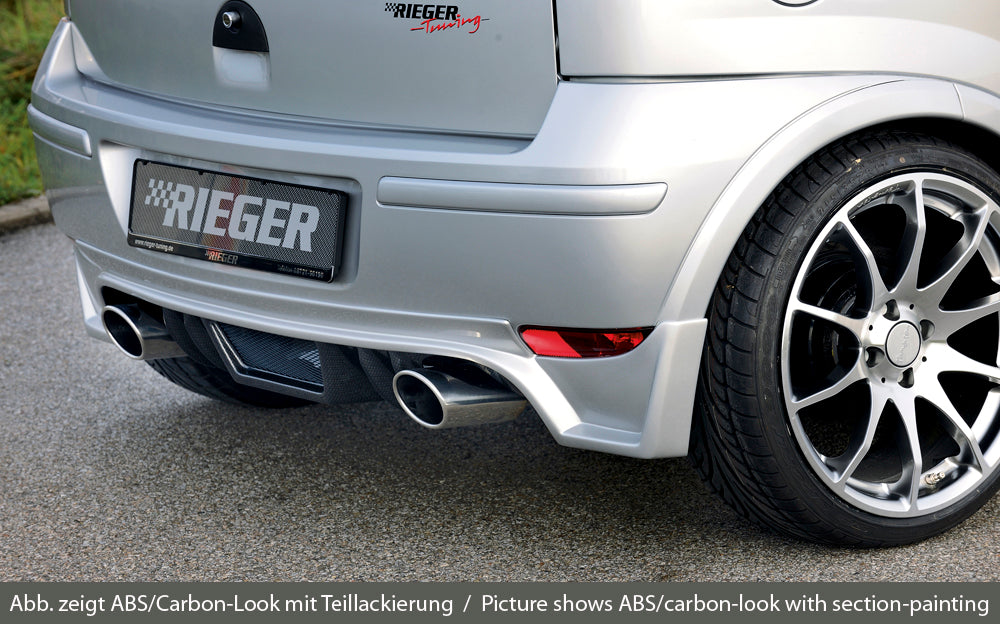 Fox passend fürOpel Corsa C: 06.03- (ab Facelift) | 3-tür., 5-tür. Rieger Heckschürze für Facelift Modelle - für Endrohr li. u. re., ABS, Carbon-Look,inkl. ABE, Alugitter, Montagezubehör, Gutachten