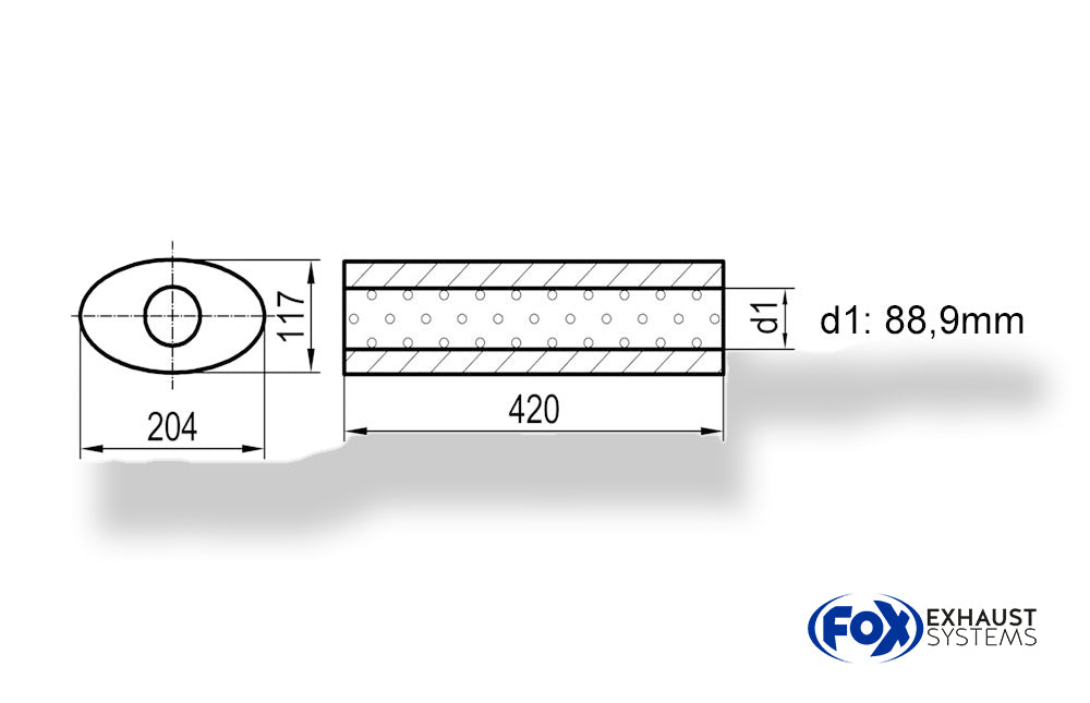 FoxUni-Schalldämpfer oval ohne Stutzen - Abwicklung 525 204x117mm, d1Ø 88,9mm, Länge: 420mm
