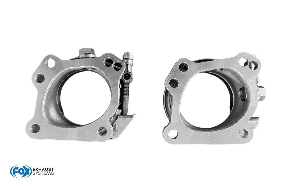 Fox passend fürHosenrohr V-Band Set 76mm mit Schellen für K04 und K06 Lader Bestehend aus 2x V- Band Flansch aus Edelstahl; 2x V-Band Schelle; 2x V-Band Anschweißflansch und 2x Lambda-Verschlussstopfen
